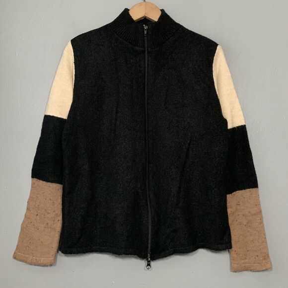 Masaccio Size Large Black Tan Colorblock Wool Blend Zip Cardigan 90s Minimalist - Picture 1 of 6
